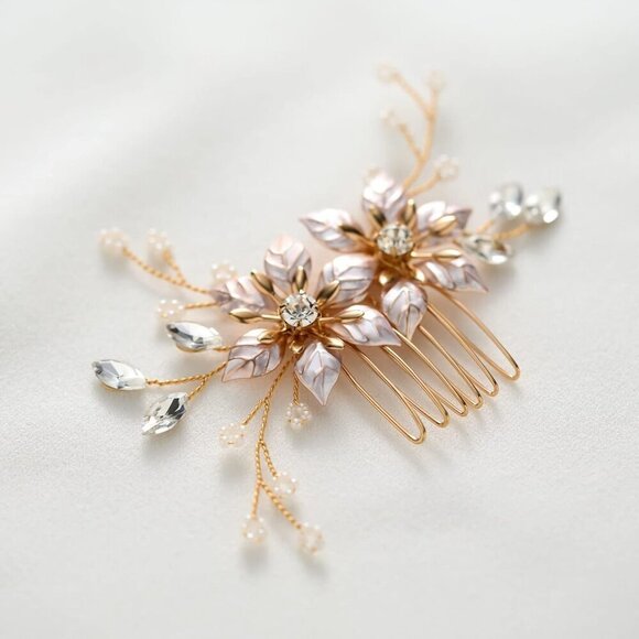 Gold Bridal Hair Comb Handmade Wedding Accessory Floral Rhinestone Women main image 8